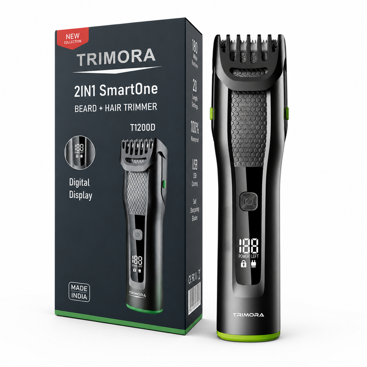 TRIMORA 2IN1 SmartOne T1200D Fully Waterproof Trimmer 180 min Runtime 20 Length Settings (Black, Green)