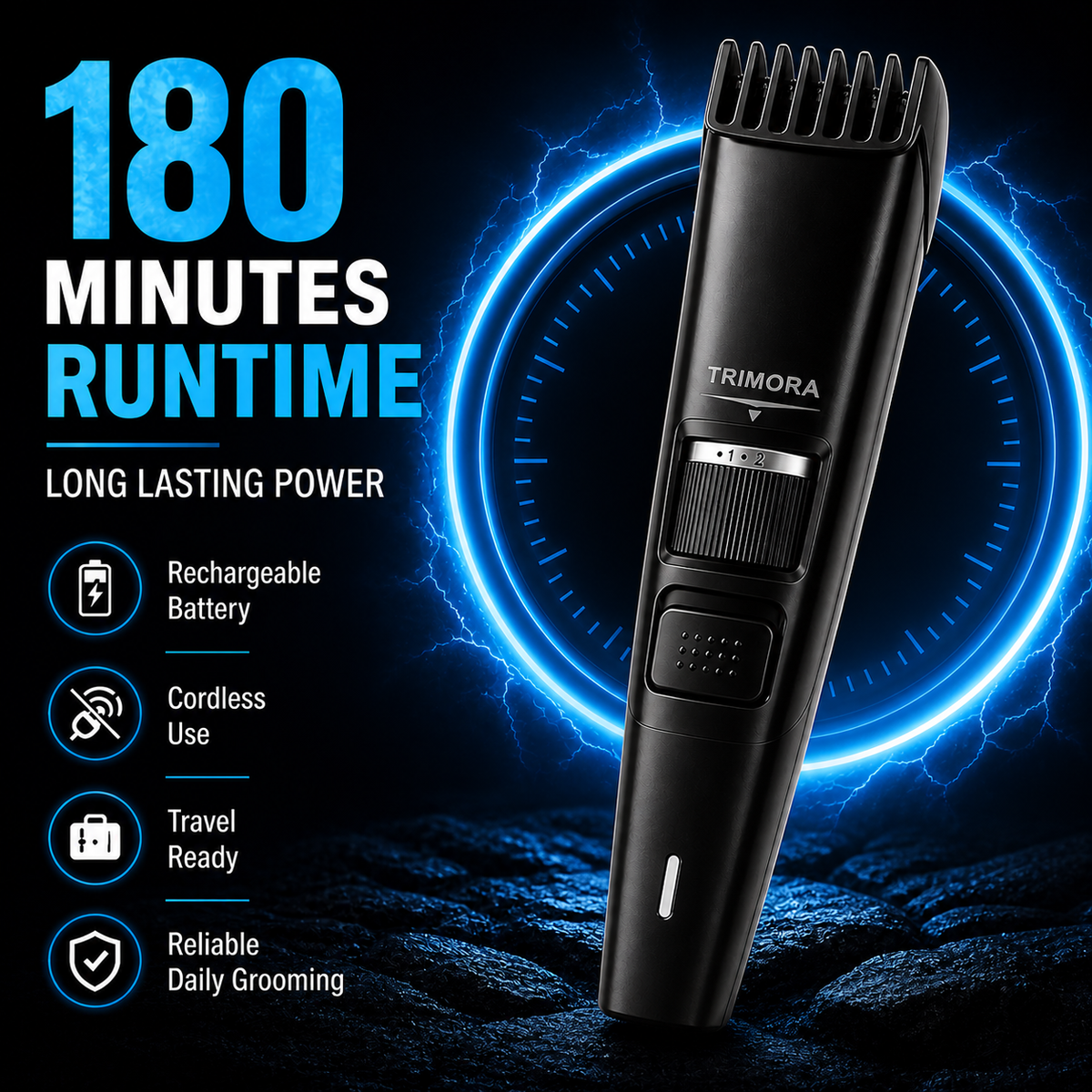 TRIMORA Classic T100N Fully Waterproof Trimmer 180 min Runtime 20 Length Settings (Black)