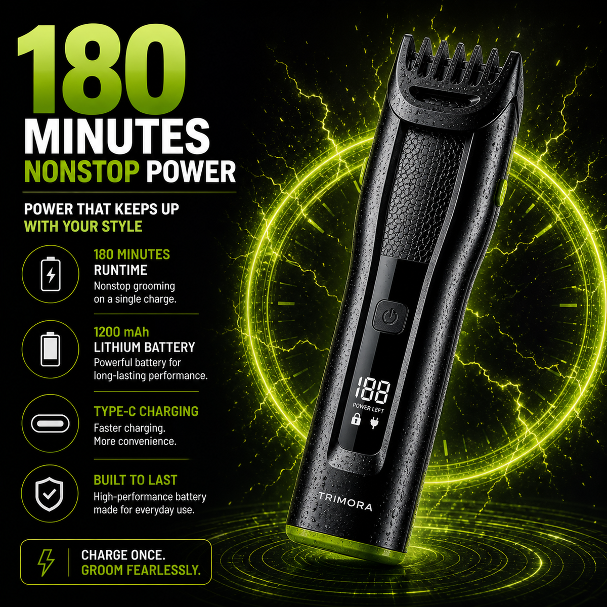TRIMORA 2IN1 SmartOne T1200D Fully Waterproof Trimmer 180 min Runtime 20 Length Settings (Black, Green)