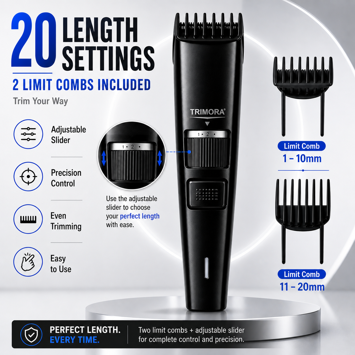 TRIMORA Classic T100N Fully Waterproof Trimmer 180 min Runtime 20 Length Settings (Black)