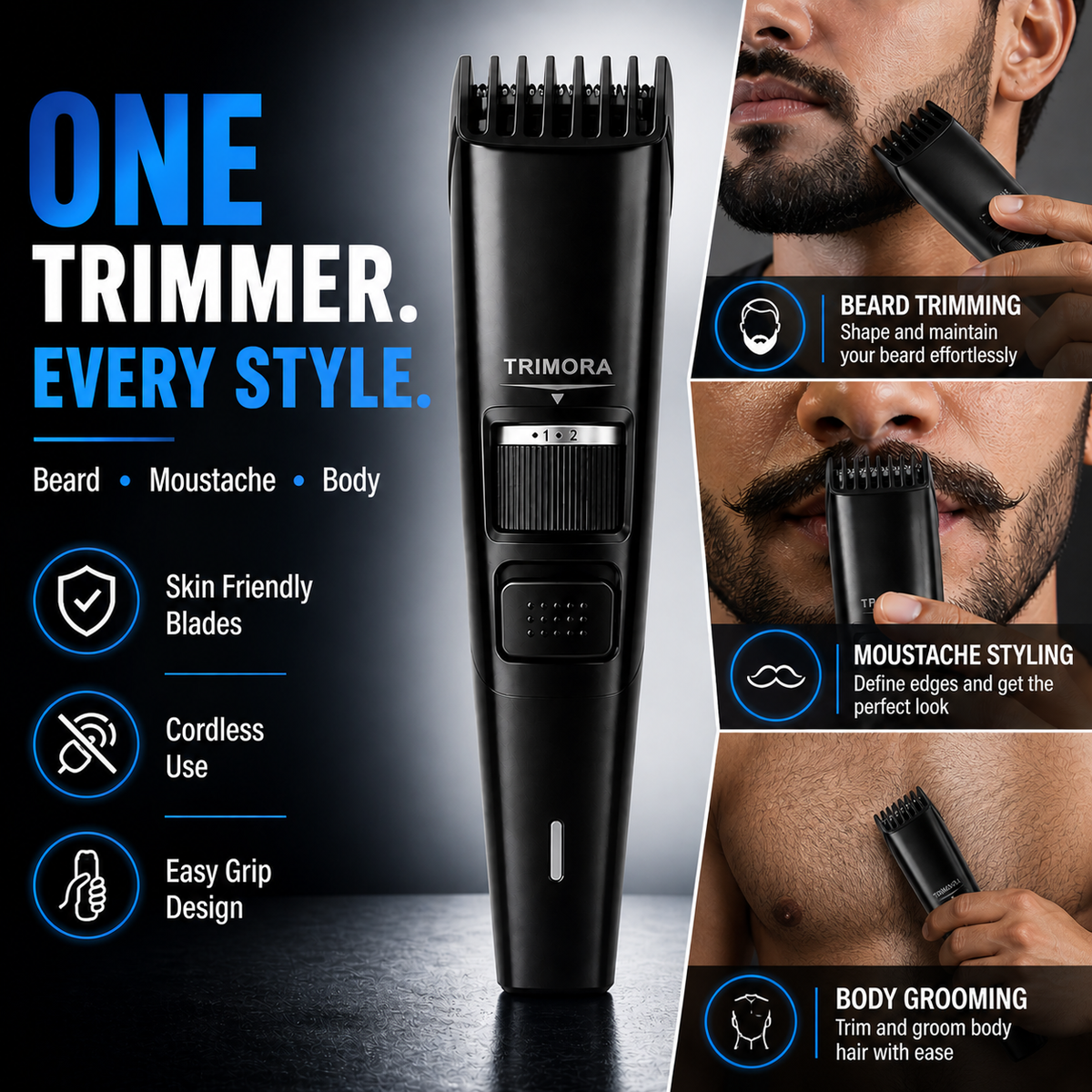 TRIMORA Classic T100N Fully Waterproof Trimmer 180 min Runtime 20 Length Settings (Black)