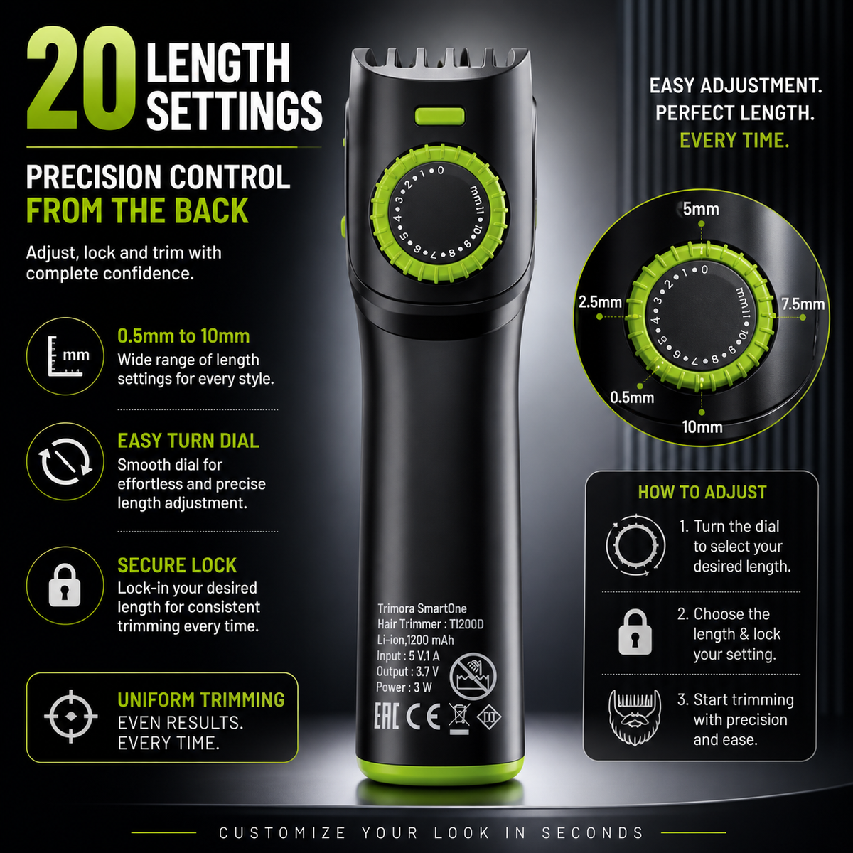 TRIMORA 2IN1 SmartOne T1200D Fully Waterproof Trimmer 180 min Runtime 20 Length Settings (Black, Green)