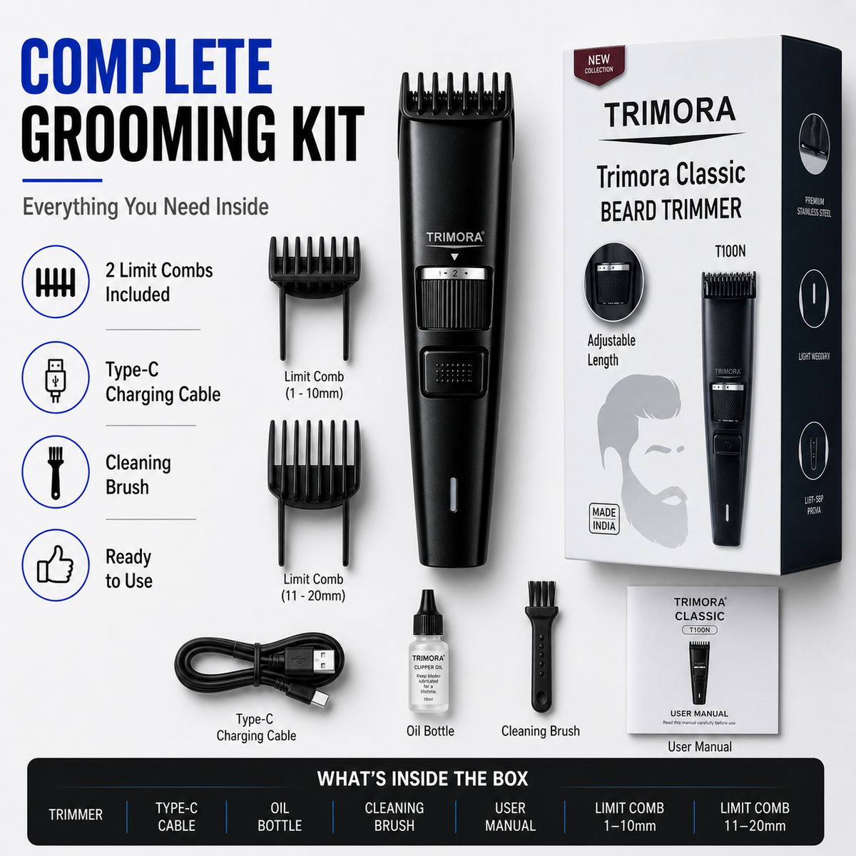 TRIMORA Classic T100N Fully Waterproof Trimmer 180 min Runtime 20 Length Settings (Black)