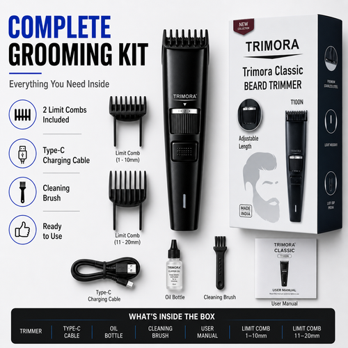 TRIMORA Classic T100N Fully Waterproof Trimmer 180 min Runtime 20 Length Settings (Black)