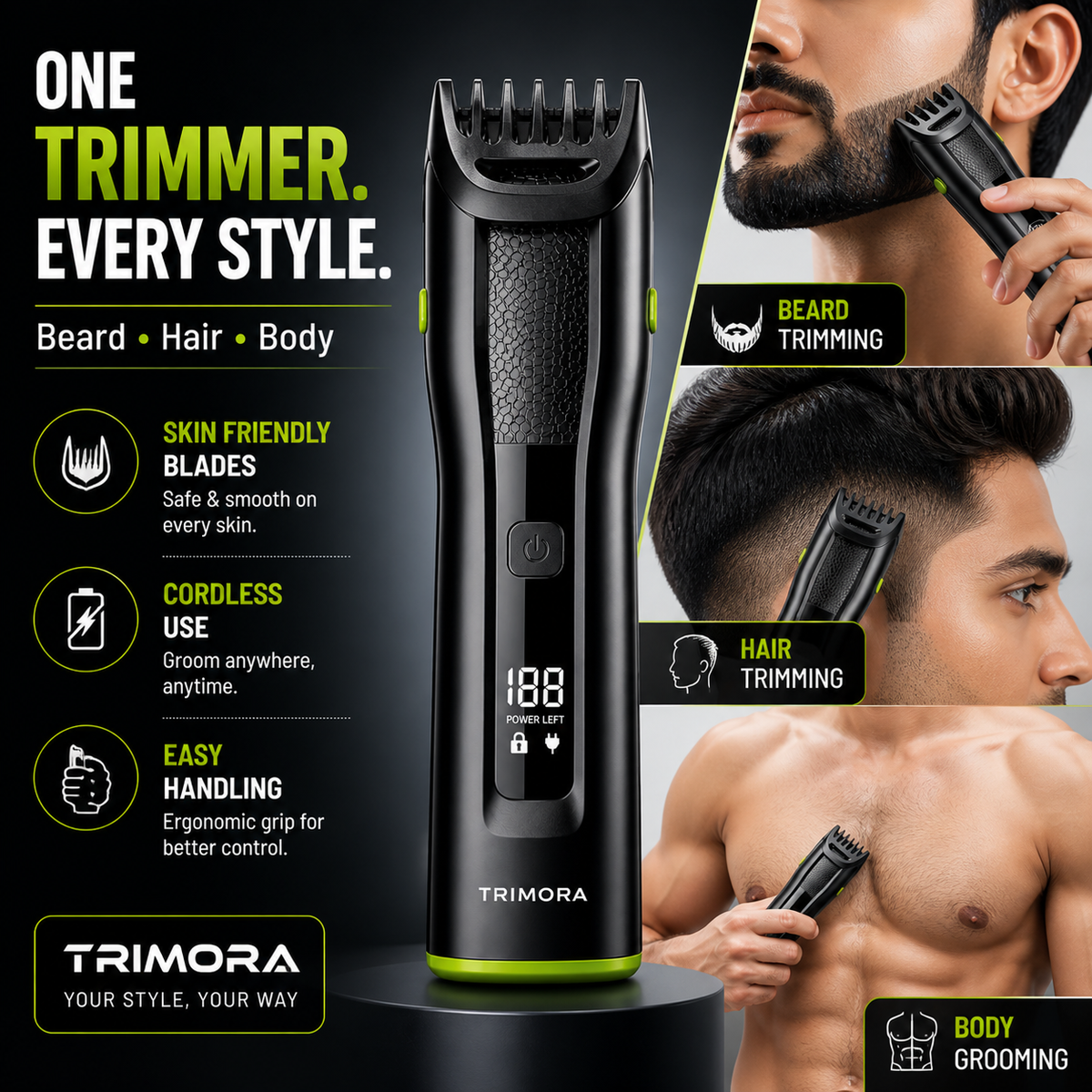 TRIMORA 2IN1 SmartOne T1200D Fully Waterproof Trimmer 180 min Runtime 20 Length Settings (Black, Green)