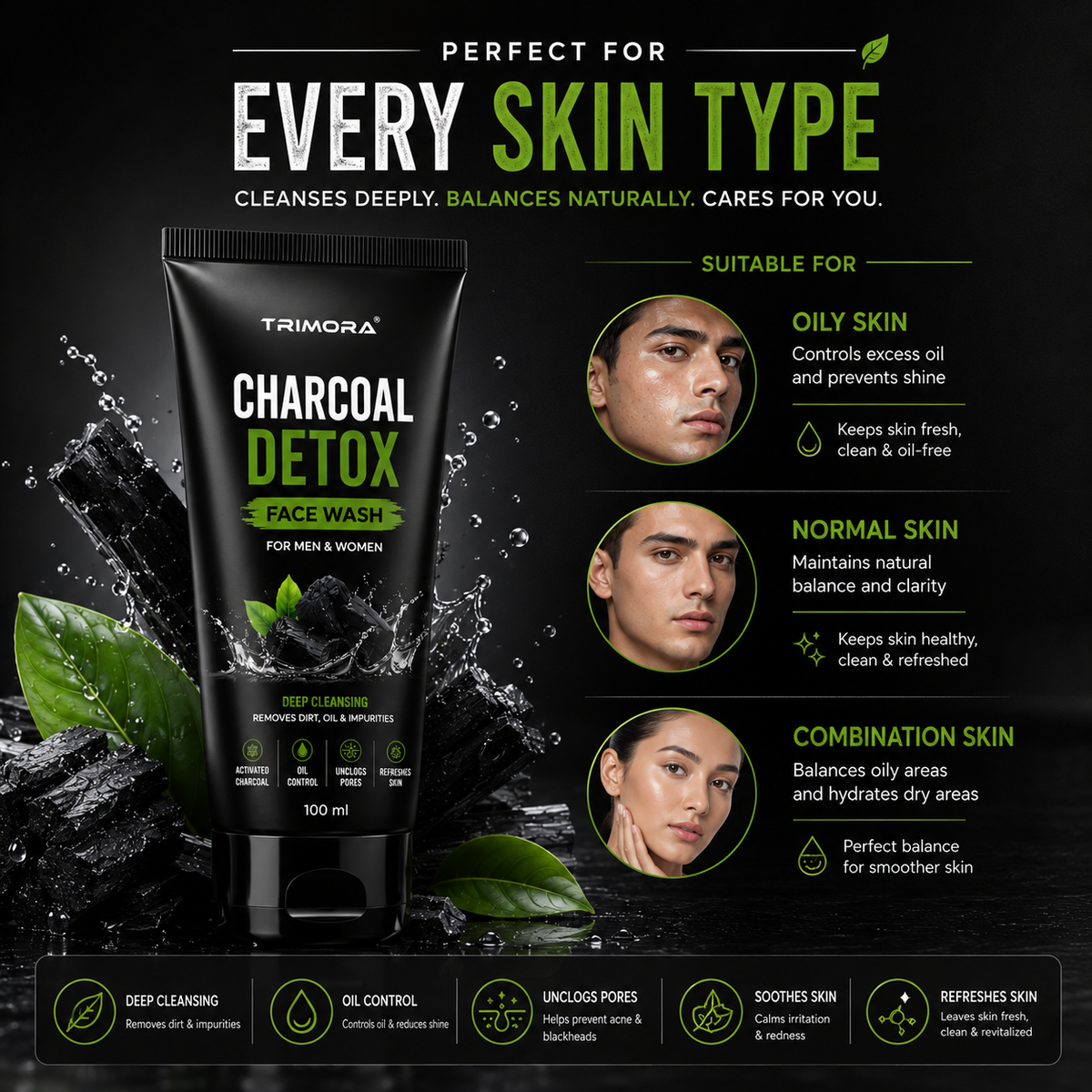 TRIMORA Activated Charcoal + Instant Glow Face Wash (100 g)