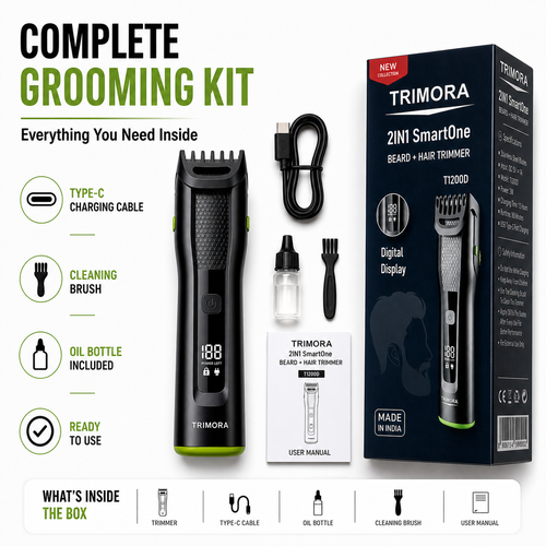 TRIMORA 2IN1 SmartOne T1200D Fully Waterproof Trimmer 180 min Runtime 20 Length Settings (Black, Green)